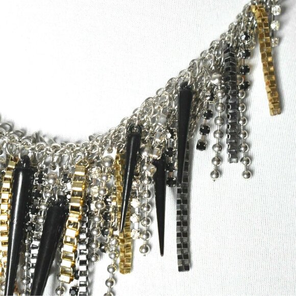 Adia Kibur Statement Necklace Bib Fringe Spikes Chain Rhinestones Silver Black - Picture 4 of 8